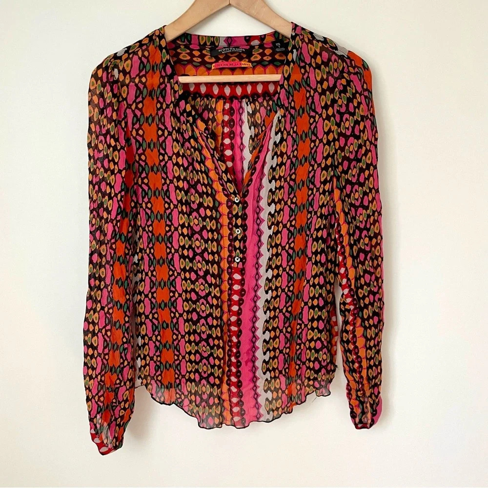 Scotch and Soda Maison Scotch Women's Sheer Colorful Printed Boho Sheer Blouse